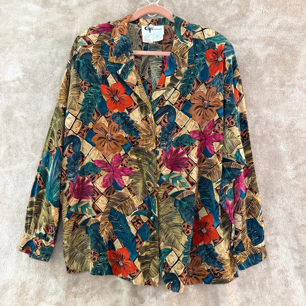 Vintage Gary Fabrikant 100% Silk Button Down Blouse 'Art to Wear' 14 Top 90s 80s